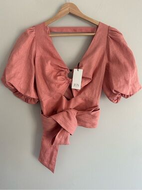Jets Australia 100% Linen Jetset Puff Sleeve Wrap Around Top Women’s Size 6